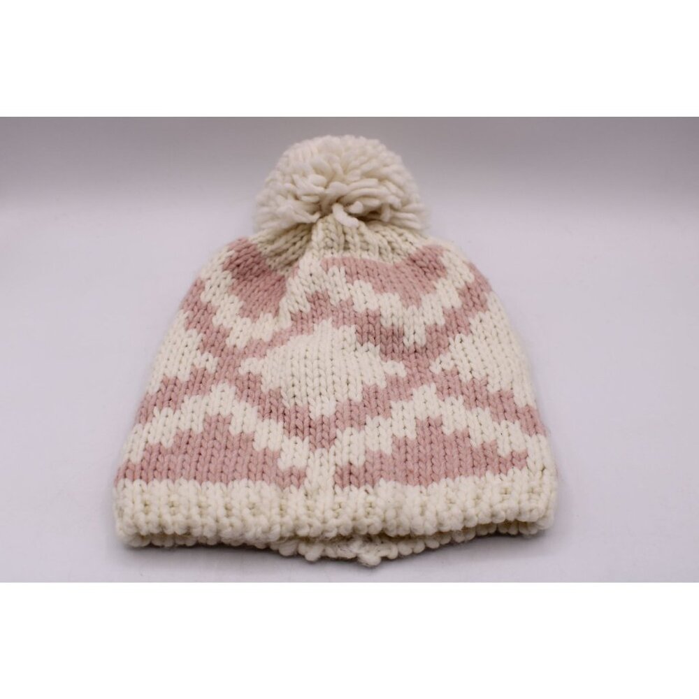 Pink and White Knit Pom Beanie Hat Made In Italy 95% Acrylic 5% Wool Warm & Soft